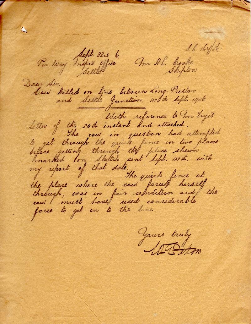 Cow Killed 6.jpg - Letter dated 22nd Sept 1926 from Permanent Way Inspector's Office at Settle  regarding cow killed on line Sept 14th